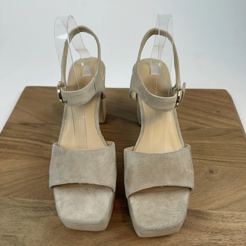 New Womens Marc Fisher LTD Cinthia Beige Suede Platform Sandals Heels Size 9.5 M